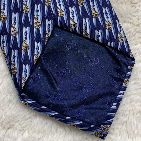 Gucci Men's Blue Gold 100% Silk Clothes Clips Pattern Tie - Picture 4 of 8